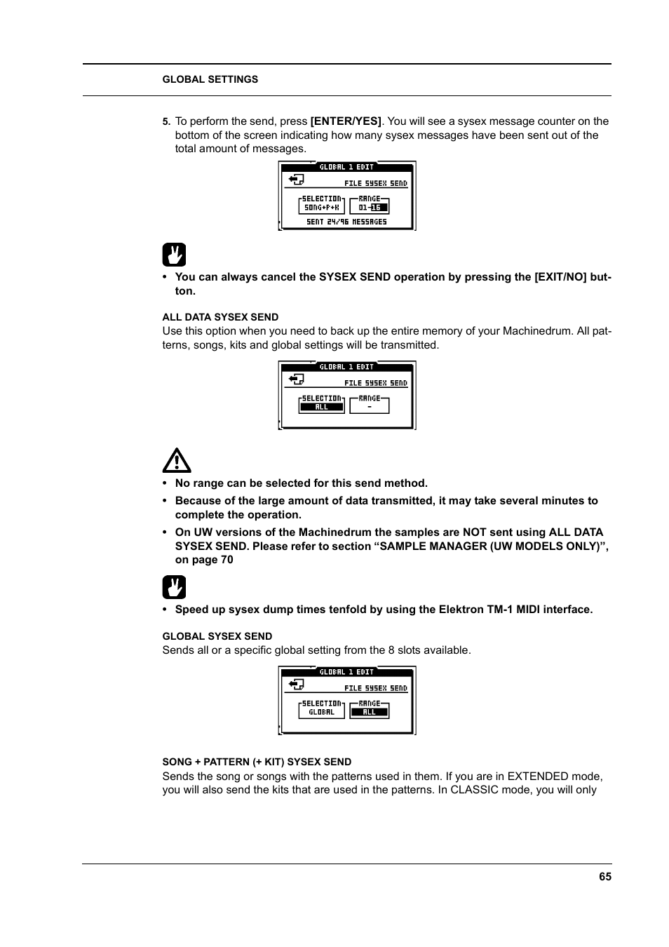 All data sysex send, Global sysex send, Song + pattern (+ kit) sysex send | Elektron Machinedrum User Manual | Page 73 / 126