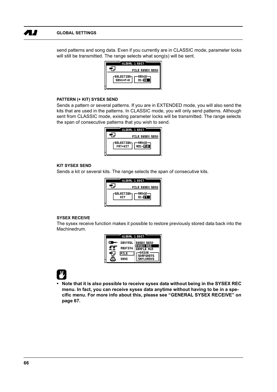 Pattern (+ kit) sysex send, Kit sysex send, Sysex receive | Elektron Machinedrum User Manual | Page 74 / 126