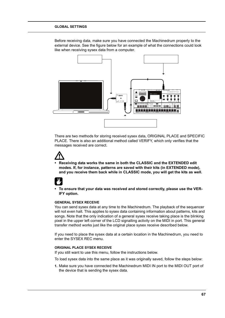 General sysex receive, Original place sysex receive | Elektron Machinedrum User Manual | Page 75 / 126