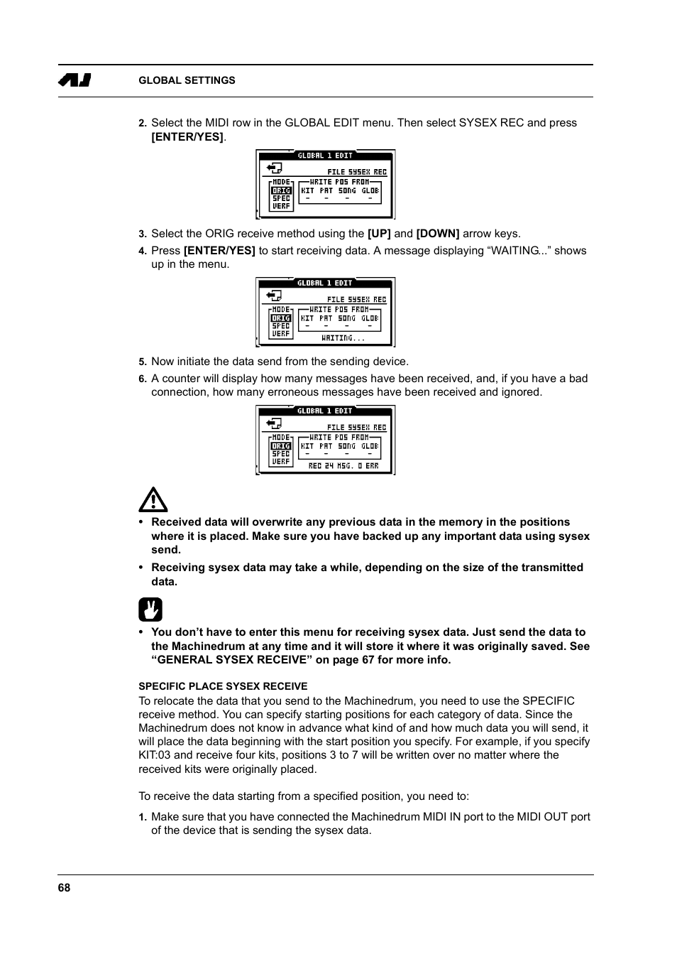 Specific place sysex receive, Specific place sysex receive -68 | Elektron Machinedrum User Manual | Page 76 / 126