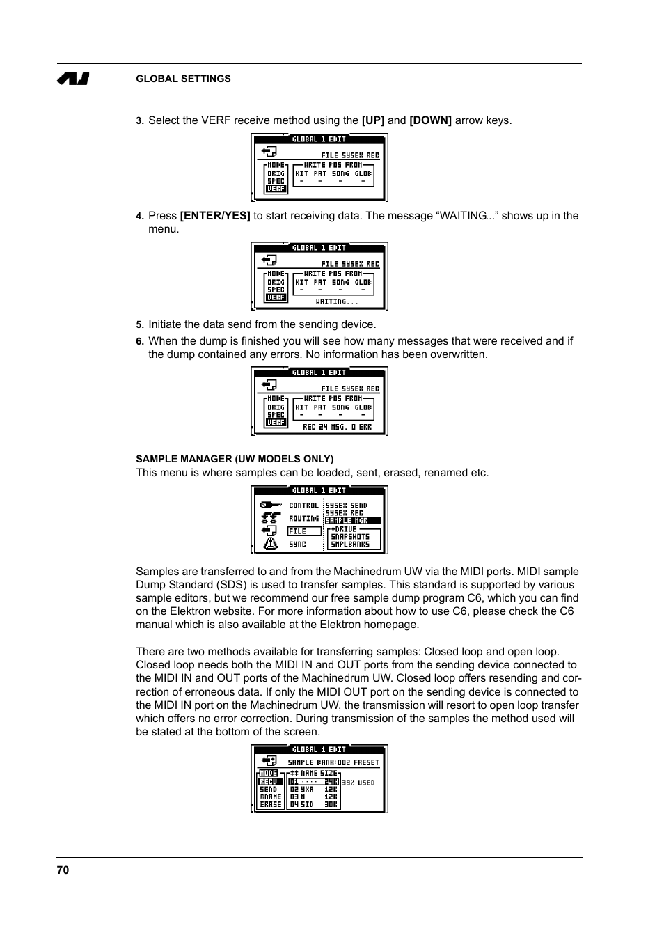 Sample manager (uw models only), Sample manager (uw models only) -70 | Elektron Machinedrum User Manual | Page 78 / 126
