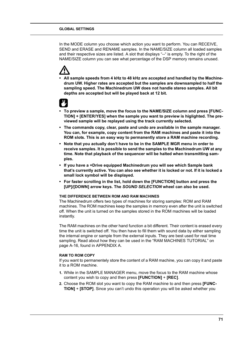The difference between rom and ram machines, Ram to rom copy | Elektron Machinedrum User Manual | Page 79 / 126