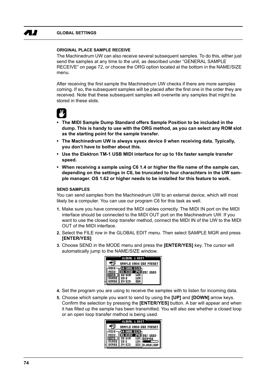 Original place sample receive, Send samples, Original place sample receive -74 send samples -74 | Elektron Machinedrum User Manual | Page 82 / 126