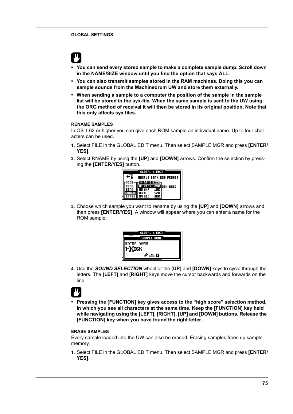 Rename samples, Erase samples, Rename samples -75 erase samples -75 | Elektron Machinedrum User Manual | Page 83 / 126