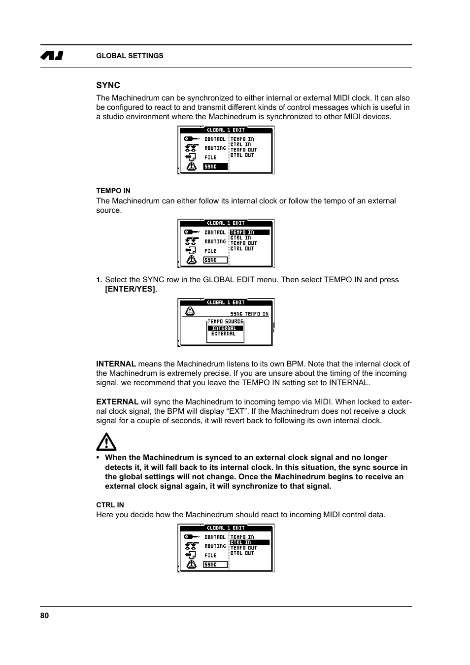 Sync, Tempo in, Ctrl in | Sync -80, Tempo in -80 ctrl in -81 | Elektron Machinedrum User Manual | Page 88 / 126