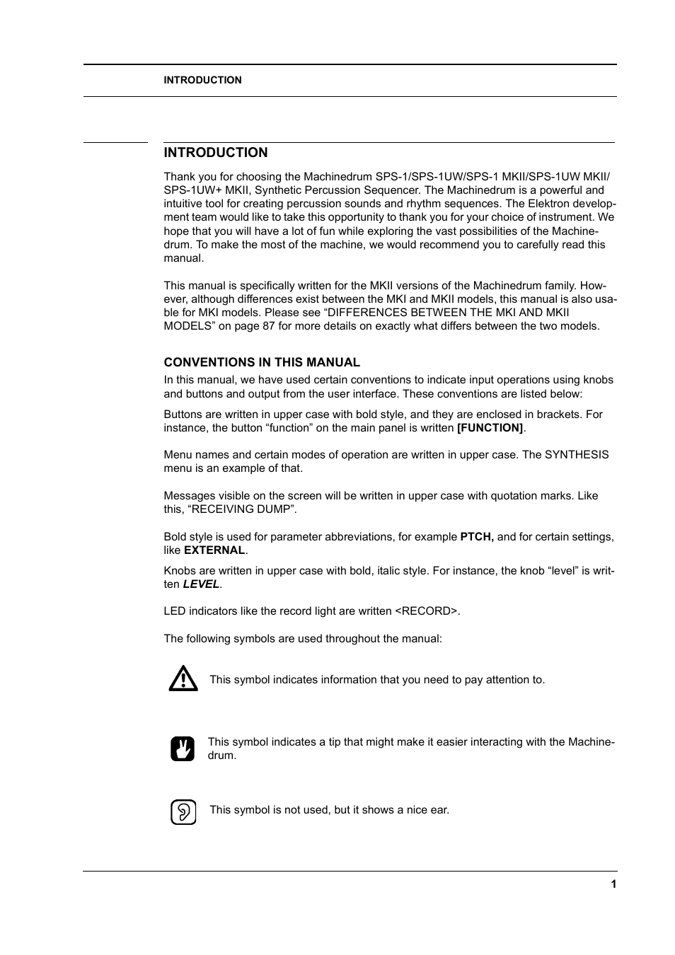 Introduction, Conventions in this manual, Introduction -1 | Conventions in this manual -1 | Elektron Machinedrum User Manual | Page 9 / 126