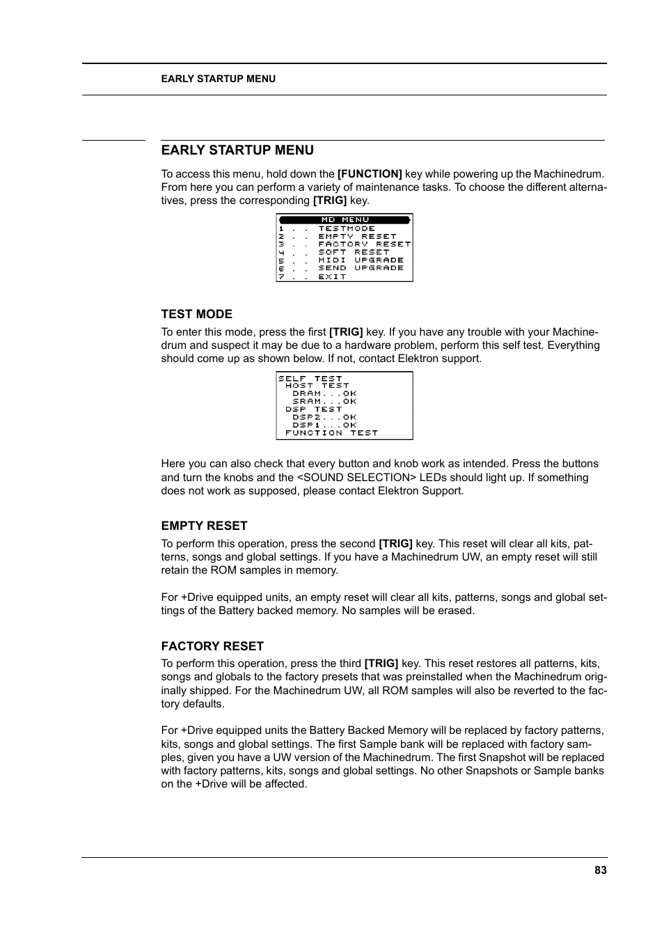Early startup menu, Test mode, Empty reset | Factory reset, Early startup menu -83, Test mode -83 empty reset -83 factory reset -83 | Elektron Machinedrum User Manual | Page 91 / 126