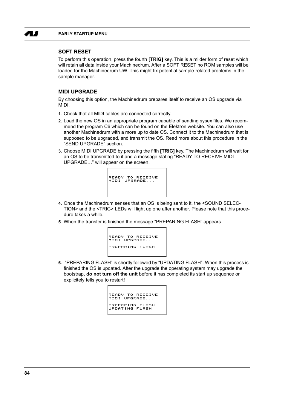 Soft reset, Midi upgrade, Soft reset -84 midi upgrade -84 | Elektron Machinedrum User Manual | Page 92 / 126