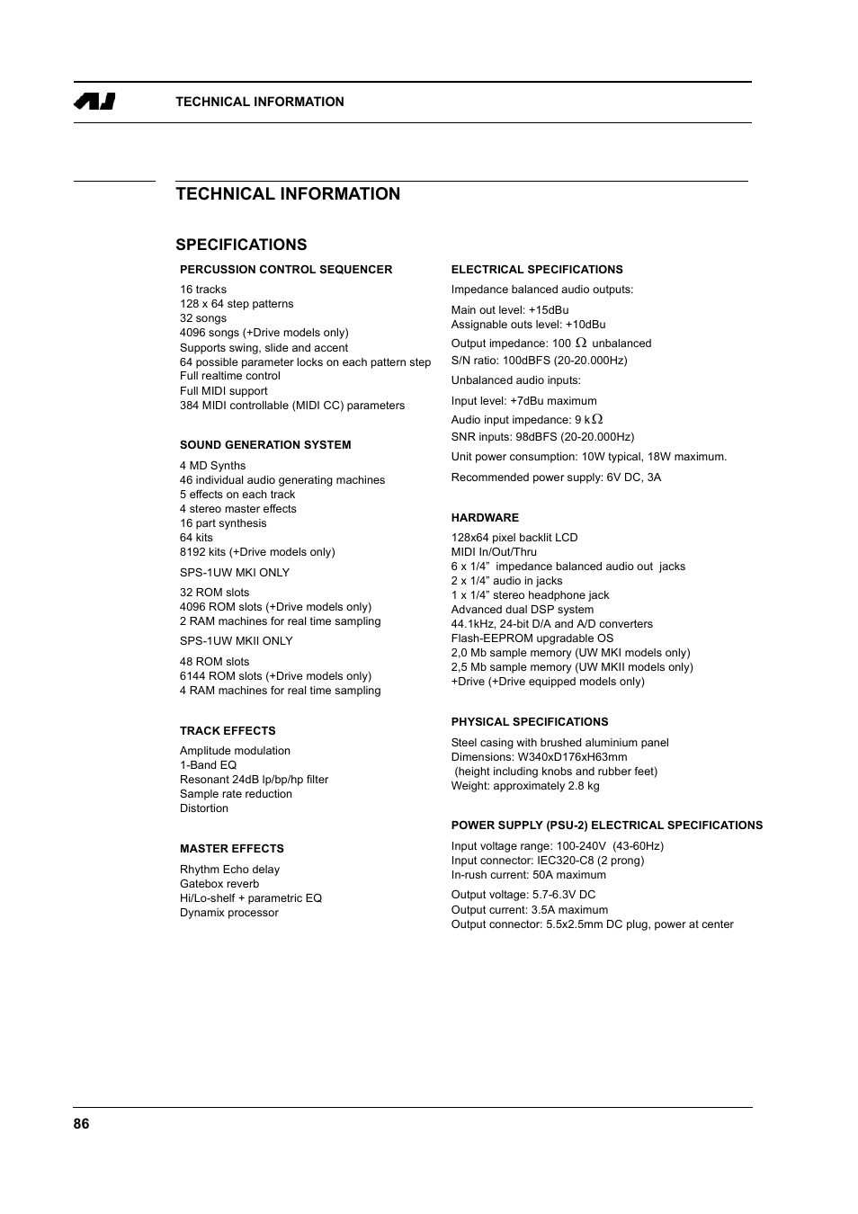 Technical information, Specifications, Technical information -86 | Specifications -86 | Elektron Machinedrum User Manual | Page 94 / 126