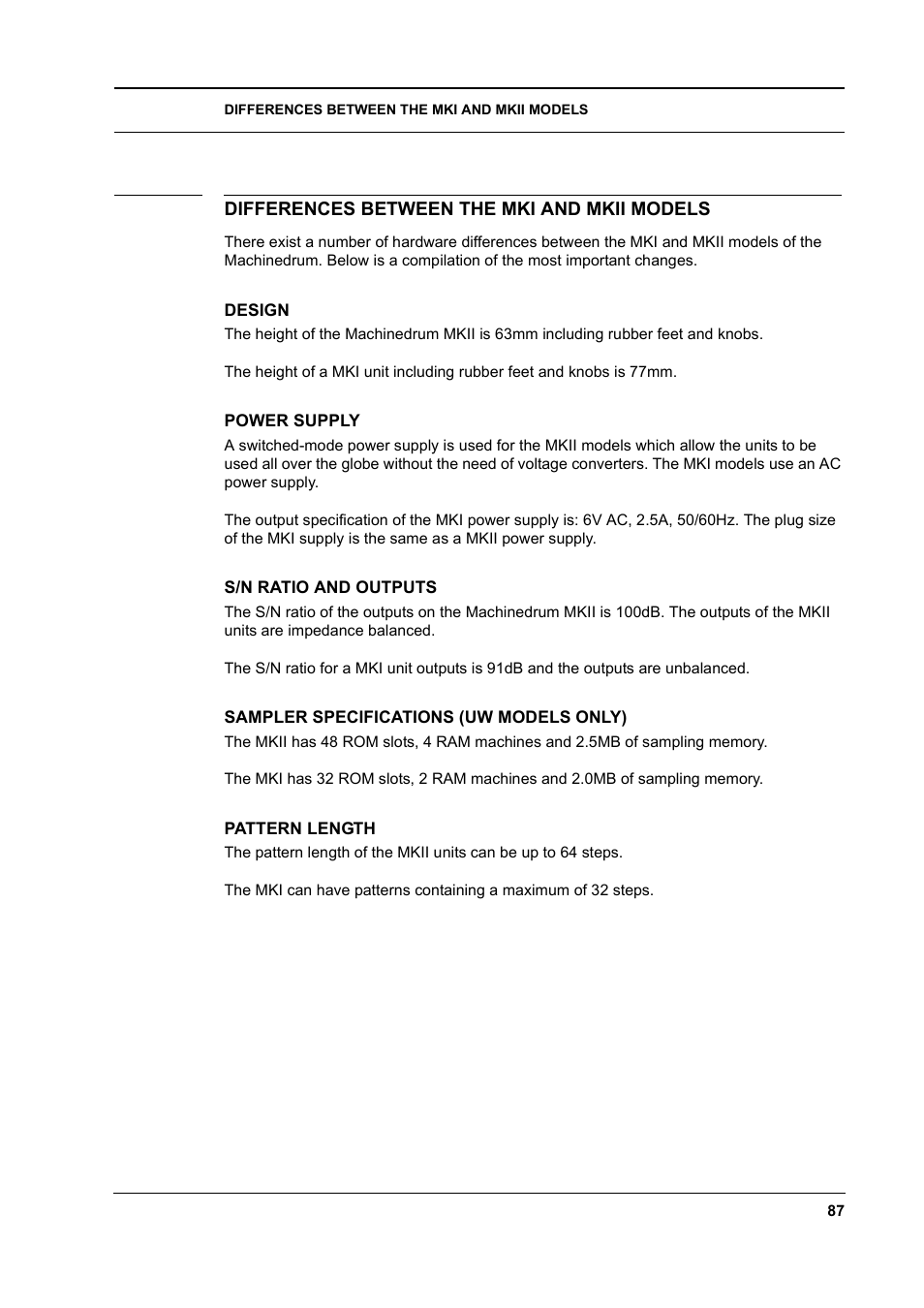 Differences between the mki and mkii models, Design, Power supply | S/n ratio and outputs, Sampler specifications (uw models only), Pattern length, Differences between the mki and mkii models -87, Pattern length -87 | Elektron Machinedrum User Manual | Page 95 / 126