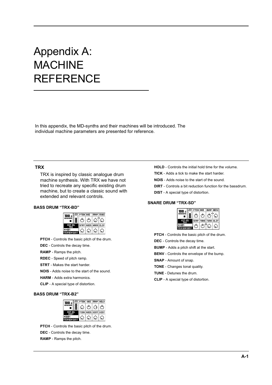 Appendix a: machine reference, Bass drum “trx-bd, Bass drum “trx-b2 | Snare drum “trx-sd | Elektron Machinedrum User Manual | Page 97 / 126