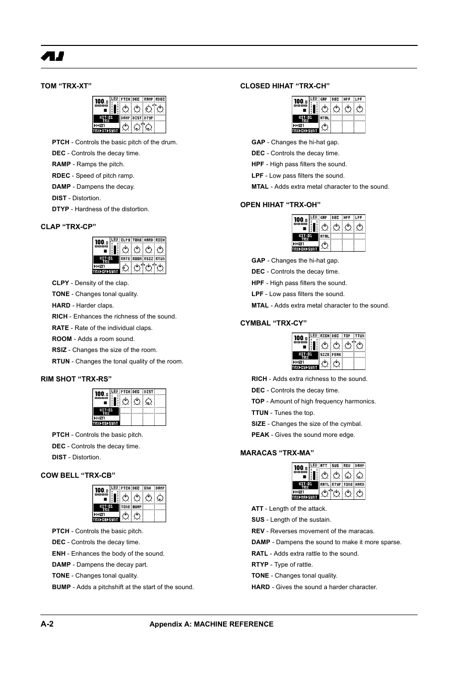 Tom “trx-xt, Clap “trx-cp, Rim shot “trx-rs | Cow bell “trx-cb, Closed hihat “trx-ch, Open hihat “trx-oh, Cymbal “trx-cy, Maracas “trx-ma | Elektron Machinedrum User Manual | Page 98 / 126
