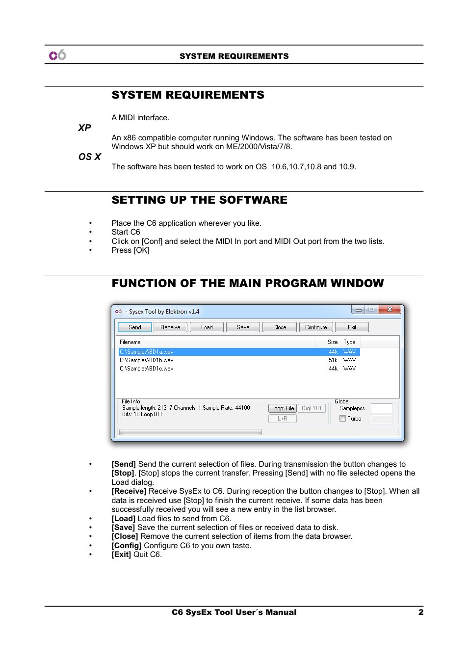 System requirements, Setting up the software, Function of the main program window | Elektron C6 User Manual | Page 2 / 6