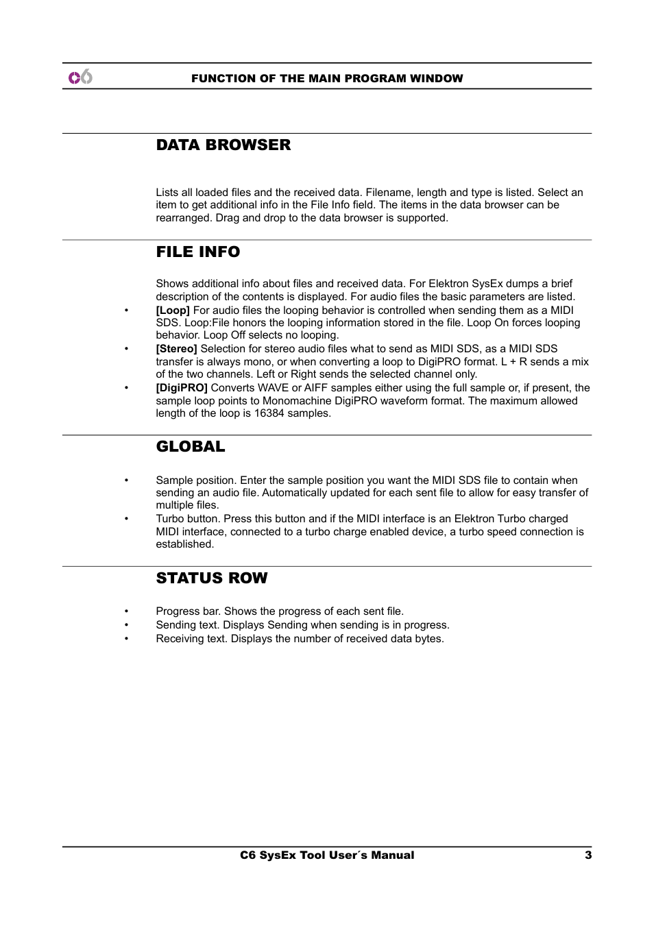 Data browser, File info, Global | Status row | Elektron C6 User Manual | Page 3 / 6