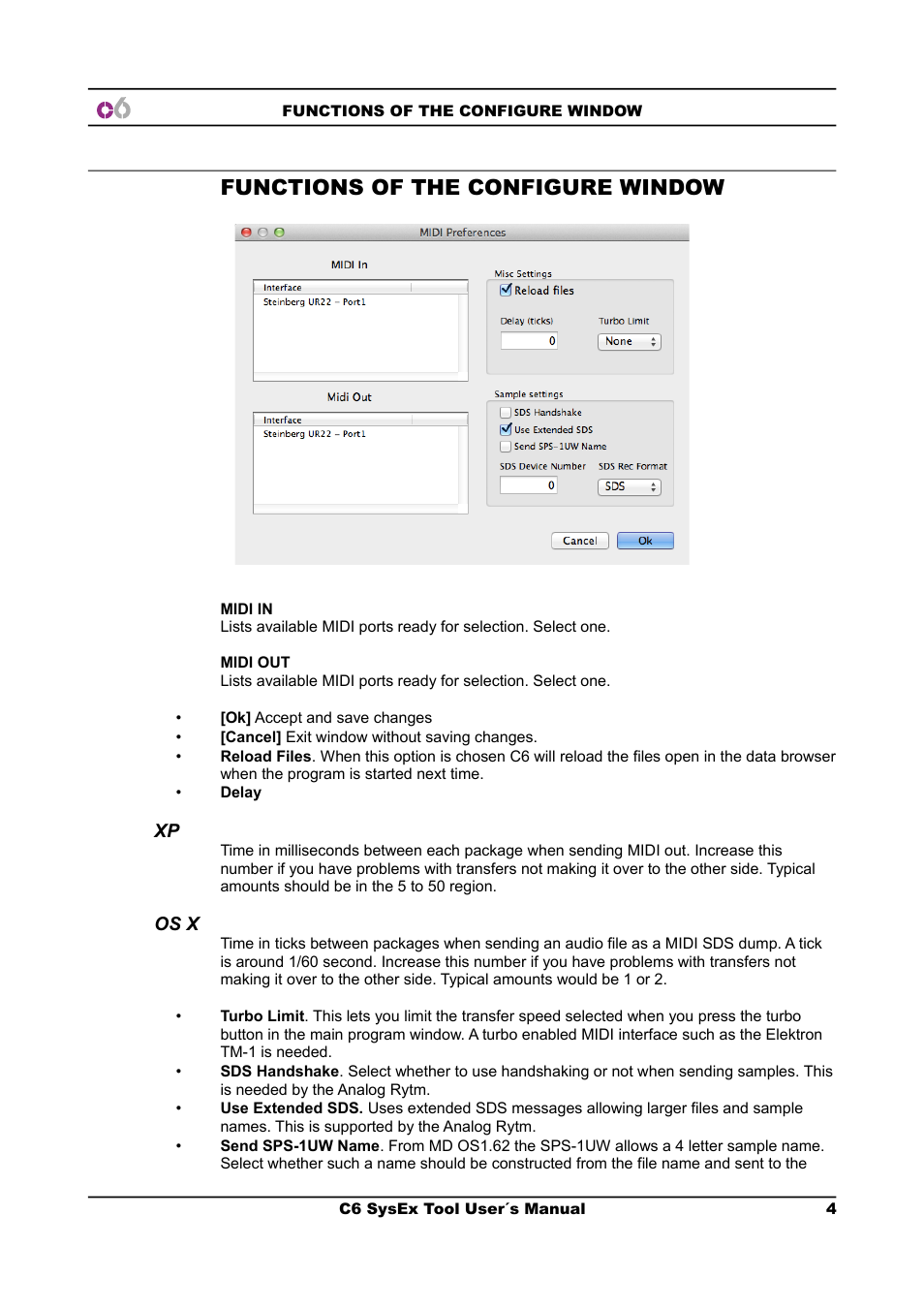 Functions of the configure window | Elektron C6 User Manual | Page 4 / 6