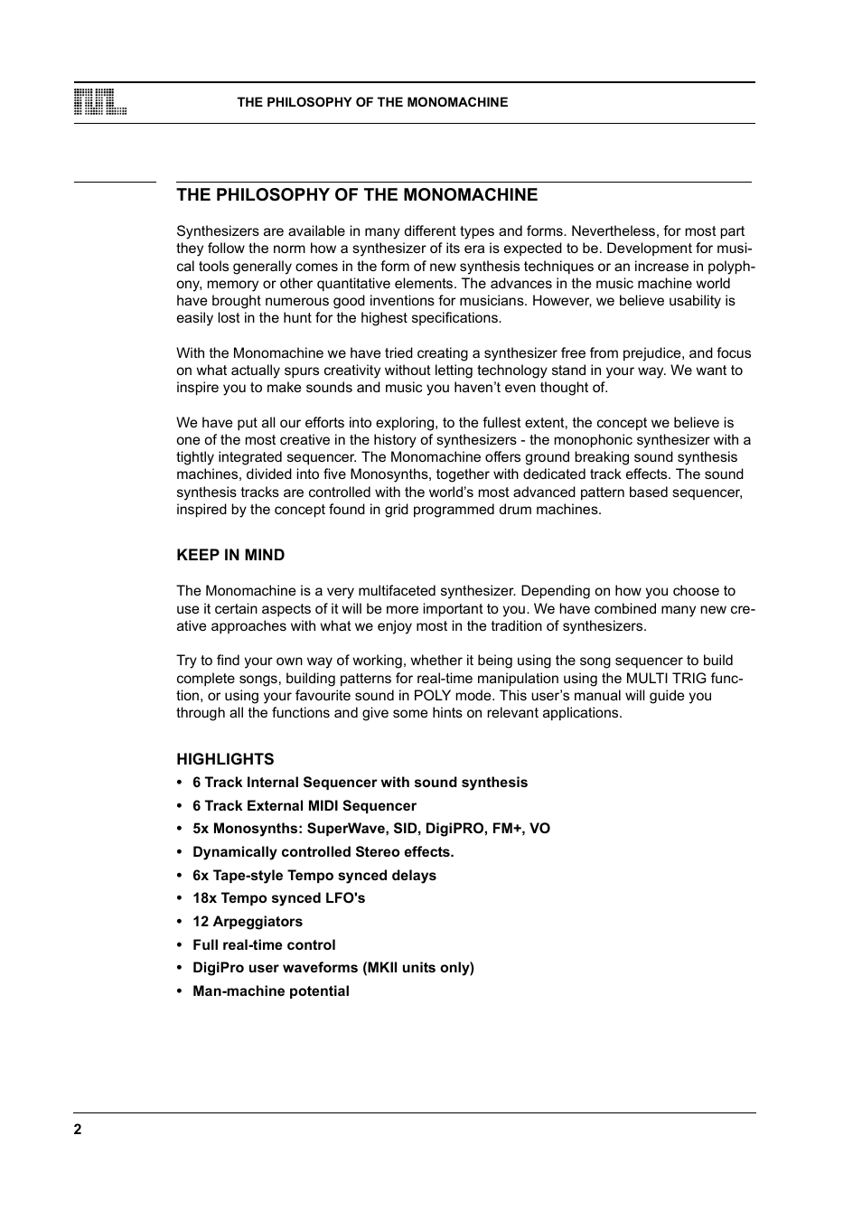 The philosophy of the monomachine, Keep in mind, Highlights | The philosophy of the monomachine -2, Keep in mind -2 highlights -2 | Elektron Monomachine User Manual | Page 10 / 158