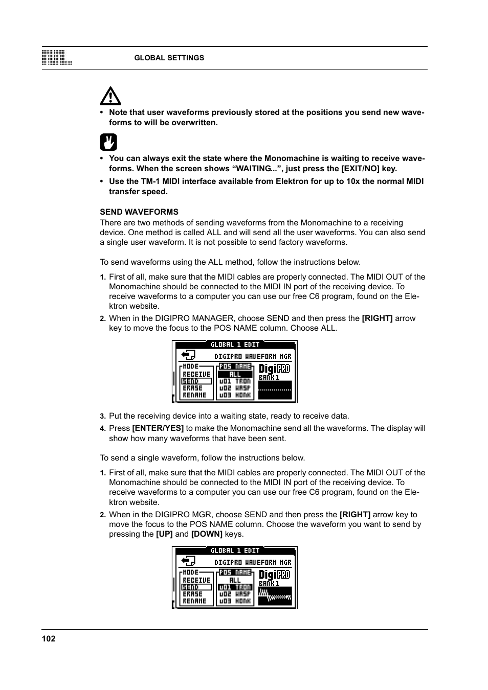 Send waveforms, Send waveforms -102 | Elektron Monomachine User Manual | Page 110 / 158