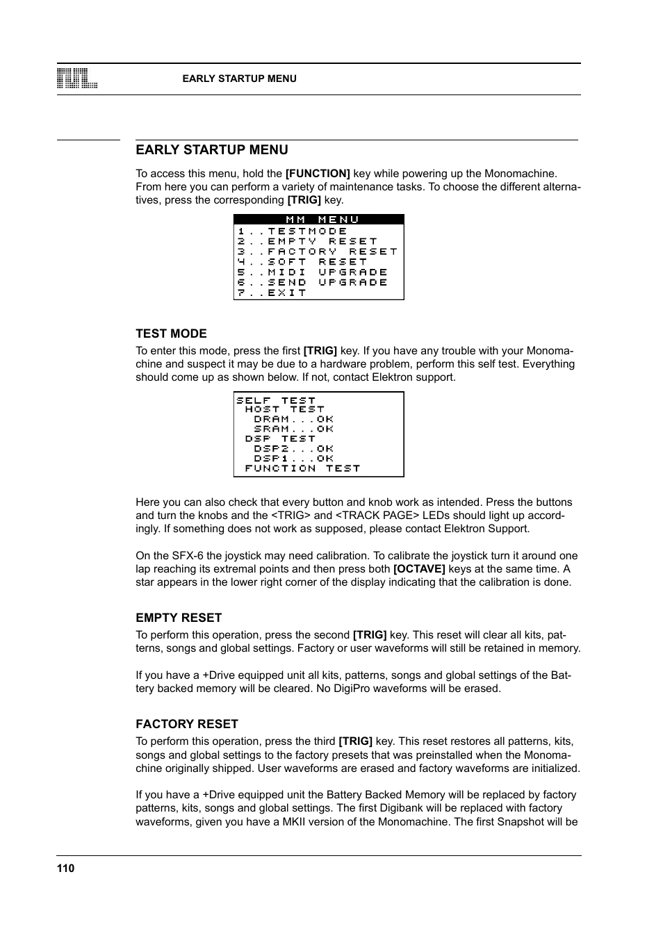 Early startup menu, Test mode, Empty reset | Factory reset, Early startup menu -110, Test mode -110 empty reset -110 factory reset -110 | Elektron Monomachine User Manual | Page 118 / 158