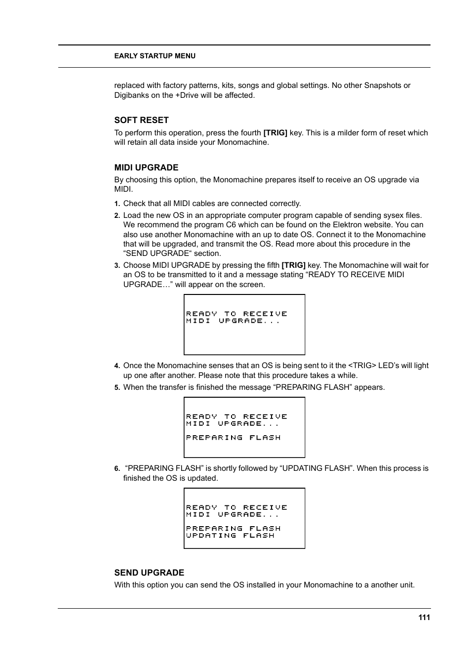 Soft reset, Midi upgrade, Send upgrade | Elektron Monomachine User Manual | Page 119 / 158