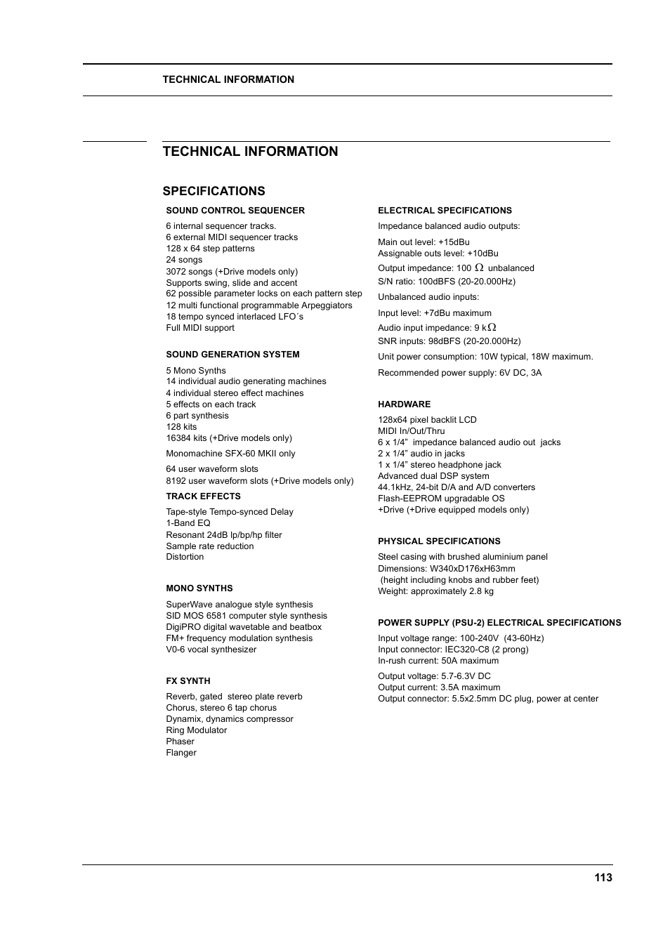 Technical information, Specifications, Technical information -113 | Specifications -113 | Elektron Monomachine User Manual | Page 121 / 158