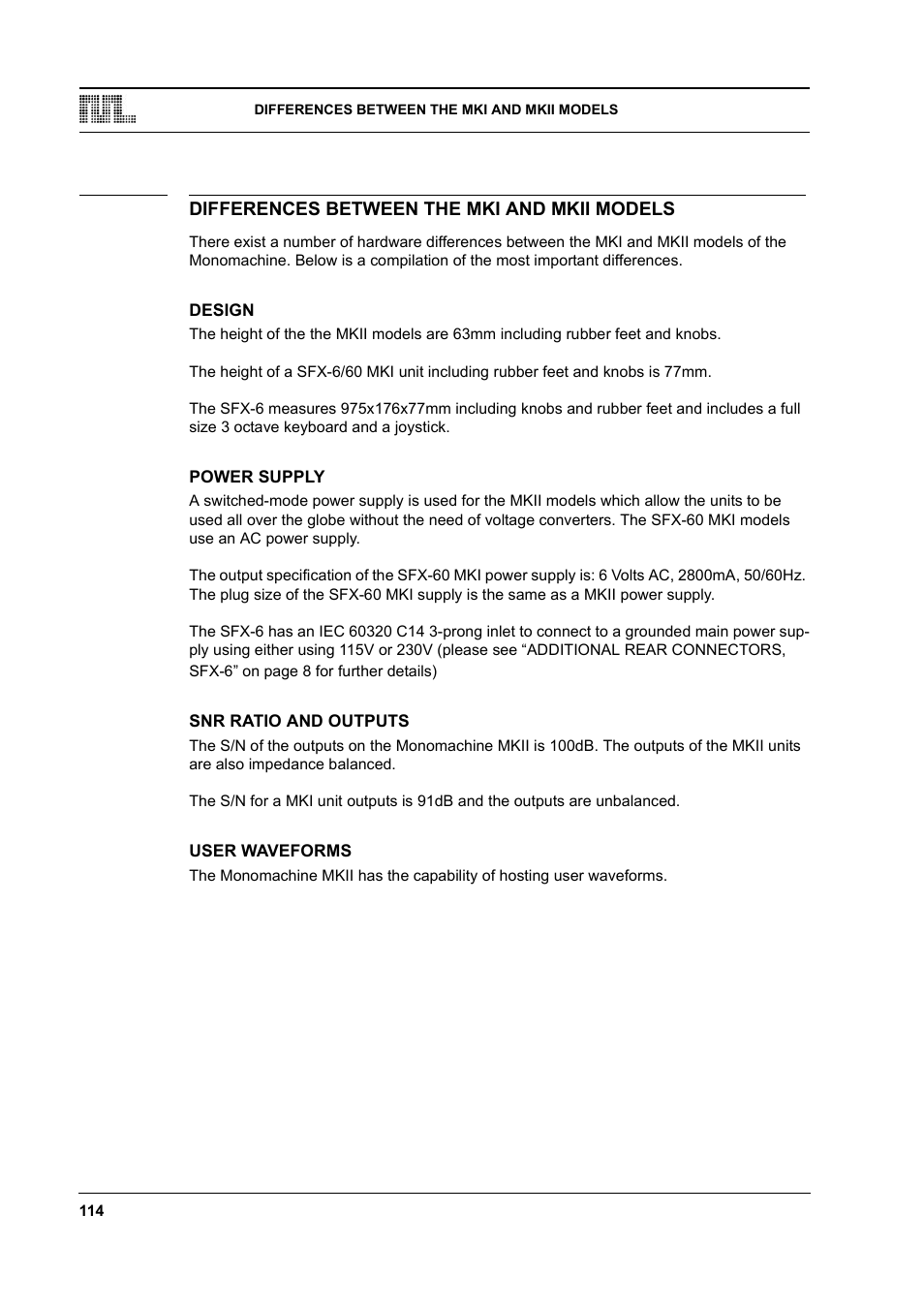Differences between the mki and mkii models, Design, Power supply | Snr ratio and outputs, User waveforms, Differences between the mki and mkii models -114 | Elektron Monomachine User Manual | Page 122 / 158
