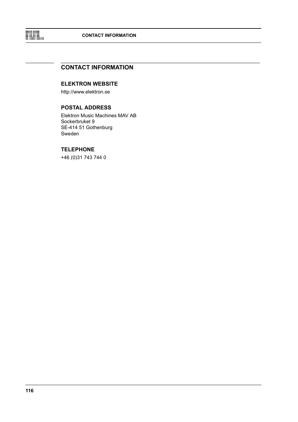 Contact information, Elektron website, Postal address | Telephone, Contact information -116 | Elektron Monomachine User Manual | Page 124 / 158