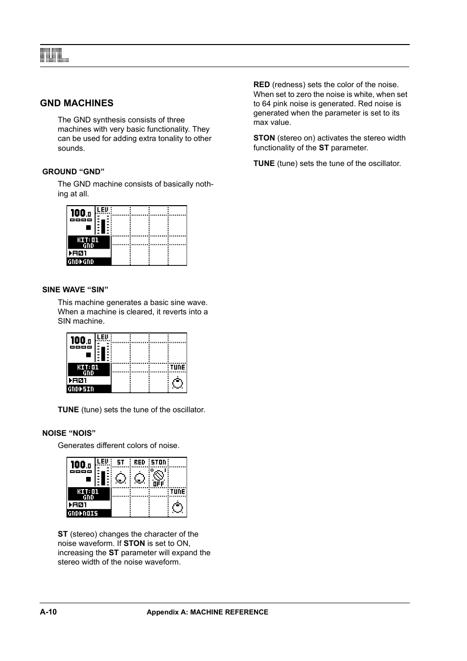Gnd machines, Ground “gnd, Sine wave “sin | Noise “nois | Elektron Monomachine User Manual | Page 134 / 158