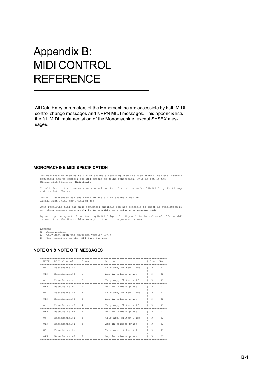 Appendix b: midi control reference, Monomachine midi specification, Note on & note off messages | Elektron Monomachine User Manual | Page 141 / 158