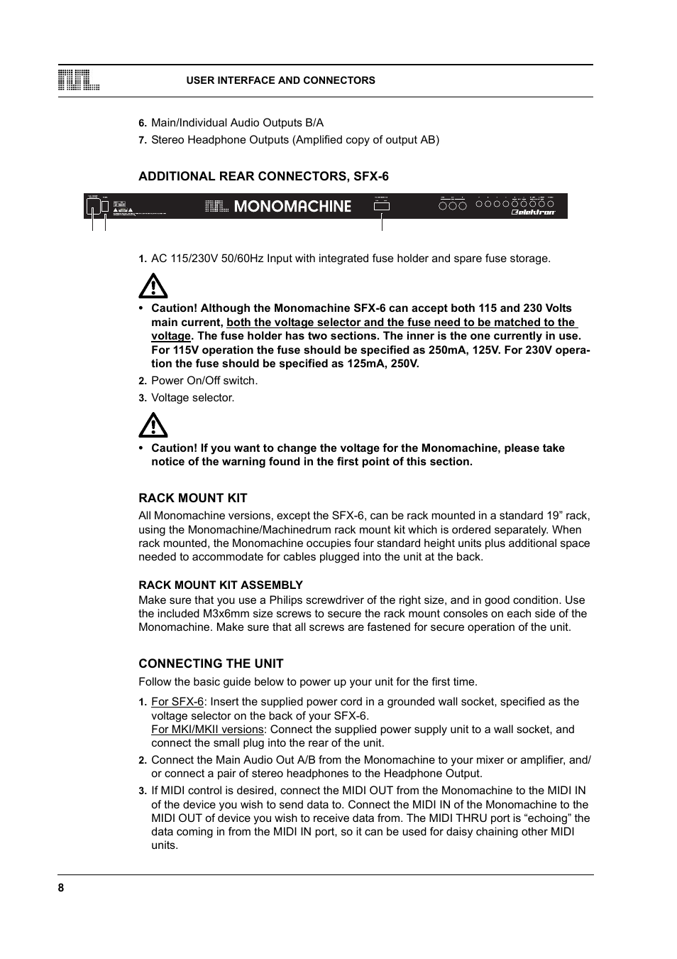 Additional rear connectors, sfx-6, Rack mount kit, Rack mount kit assembly | Connecting the unit, Rack mount kit assembly -8, Connecting the unit -8 | Elektron Monomachine User Manual | Page 16 / 158