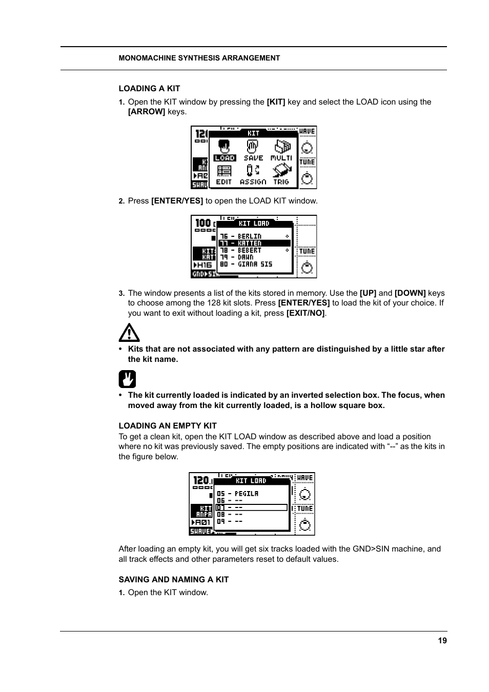 Loading a kit, Loading an empty kit, Saving and naming a kit | Elektron Monomachine User Manual | Page 27 / 158