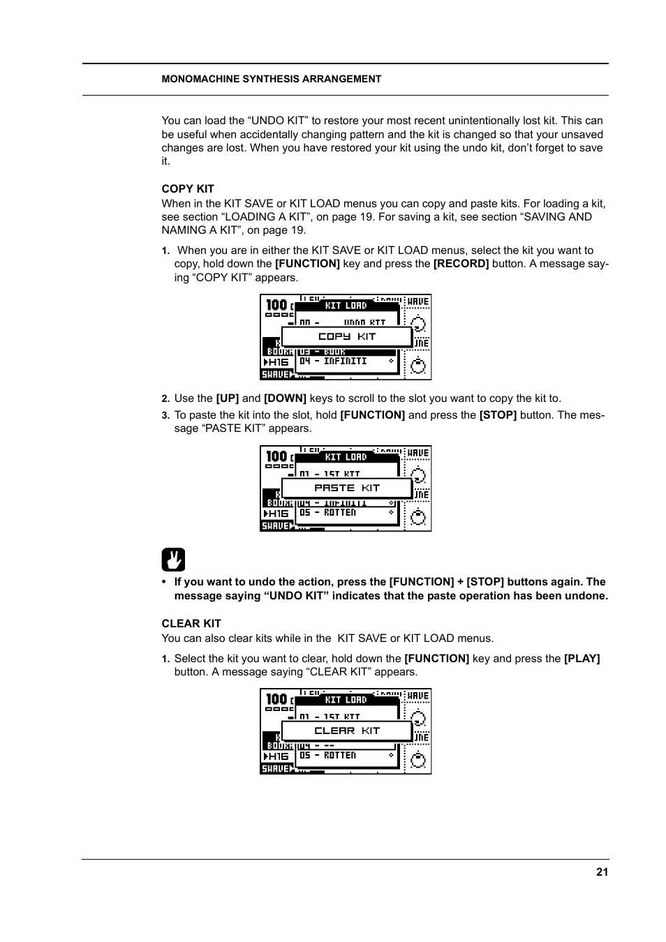 Copy kit, Clear kit, Copy kit -21 clear kit -21 | Elektron Monomachine User Manual | Page 29 / 158