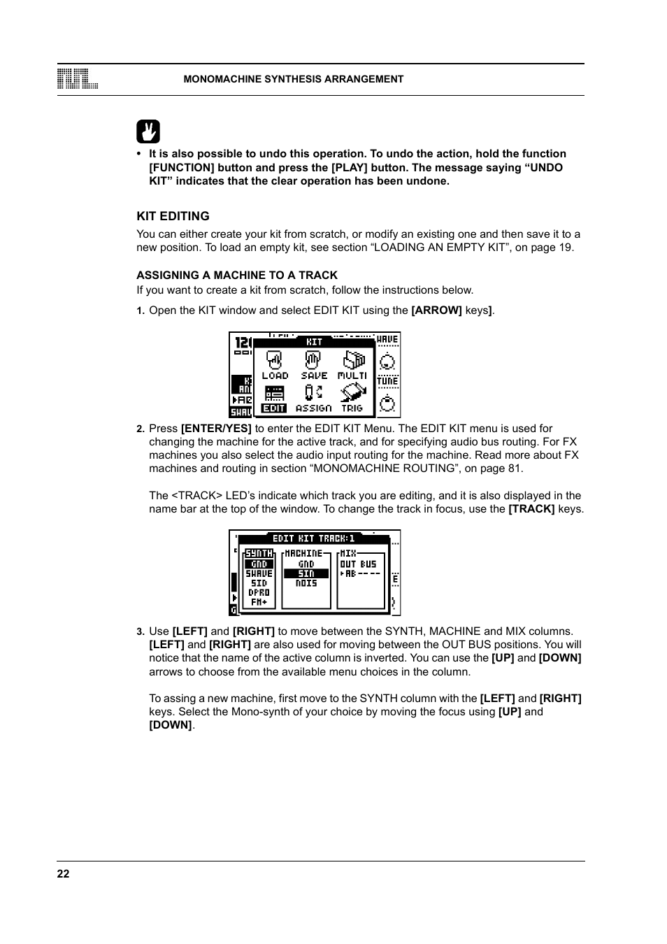 Kit editing, Assigning a machine to a track, Kit editing -22 | Assigning a machine to a track -22 | Elektron Monomachine User Manual | Page 30 / 158