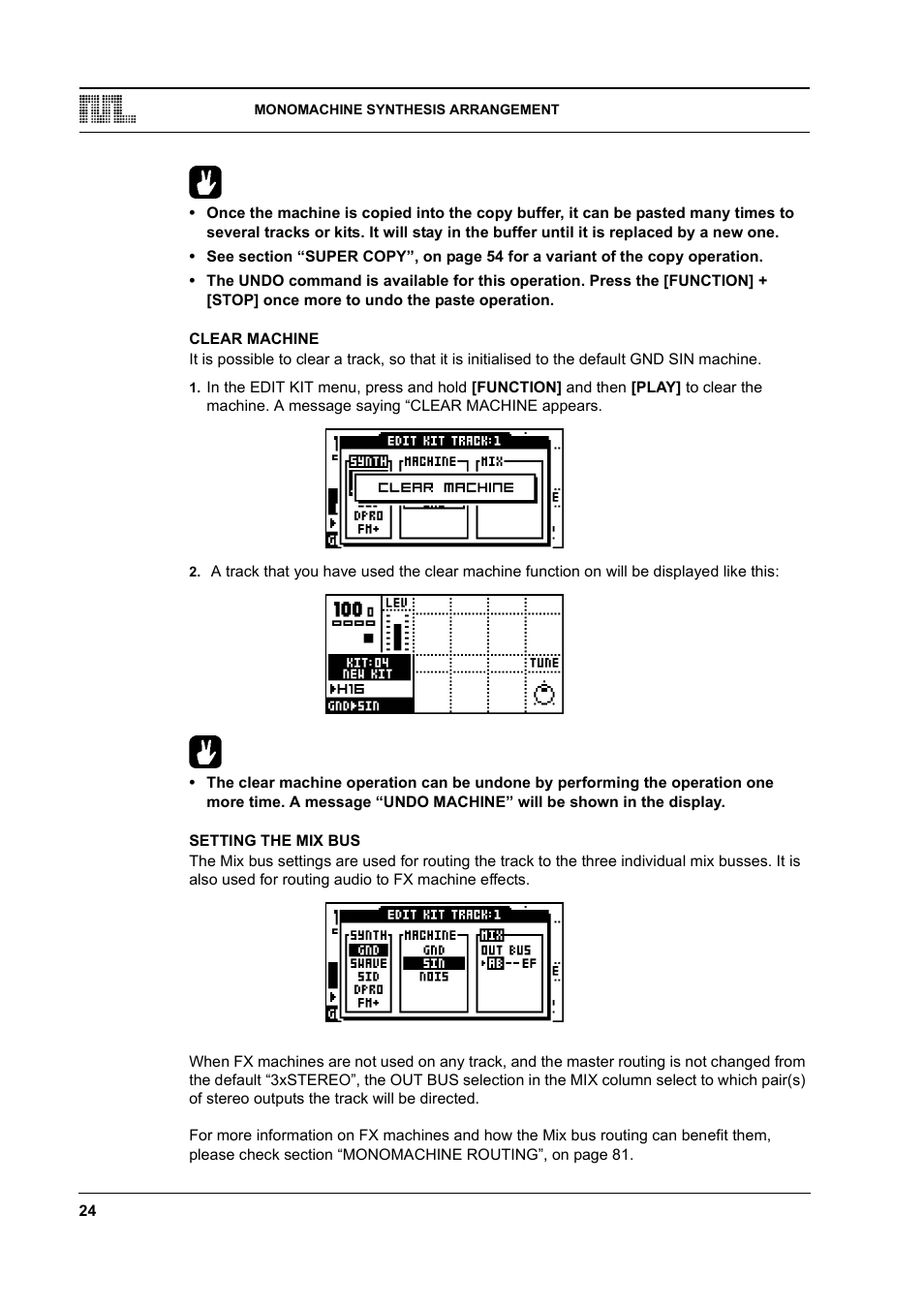 Clear machine, Setting the mix bus, Clear machine -24 setting the mix bus -24 | Elektron Monomachine User Manual | Page 32 / 158