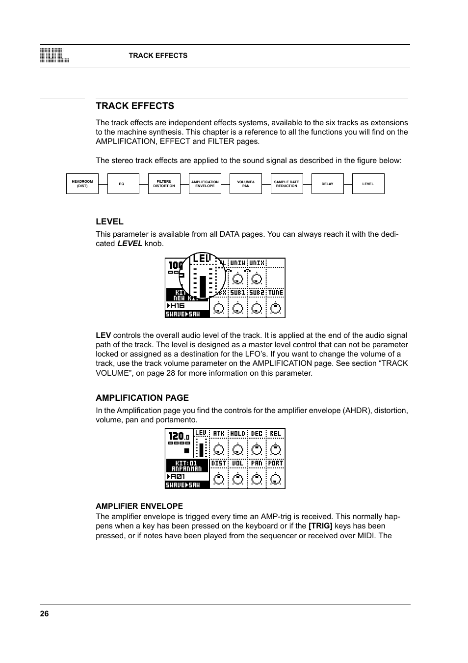Track effects, Level, Amplifier envelope | Track effects -26, Level -26, Amplifier envelope -26, Amplification page | Elektron Monomachine User Manual | Page 34 / 158