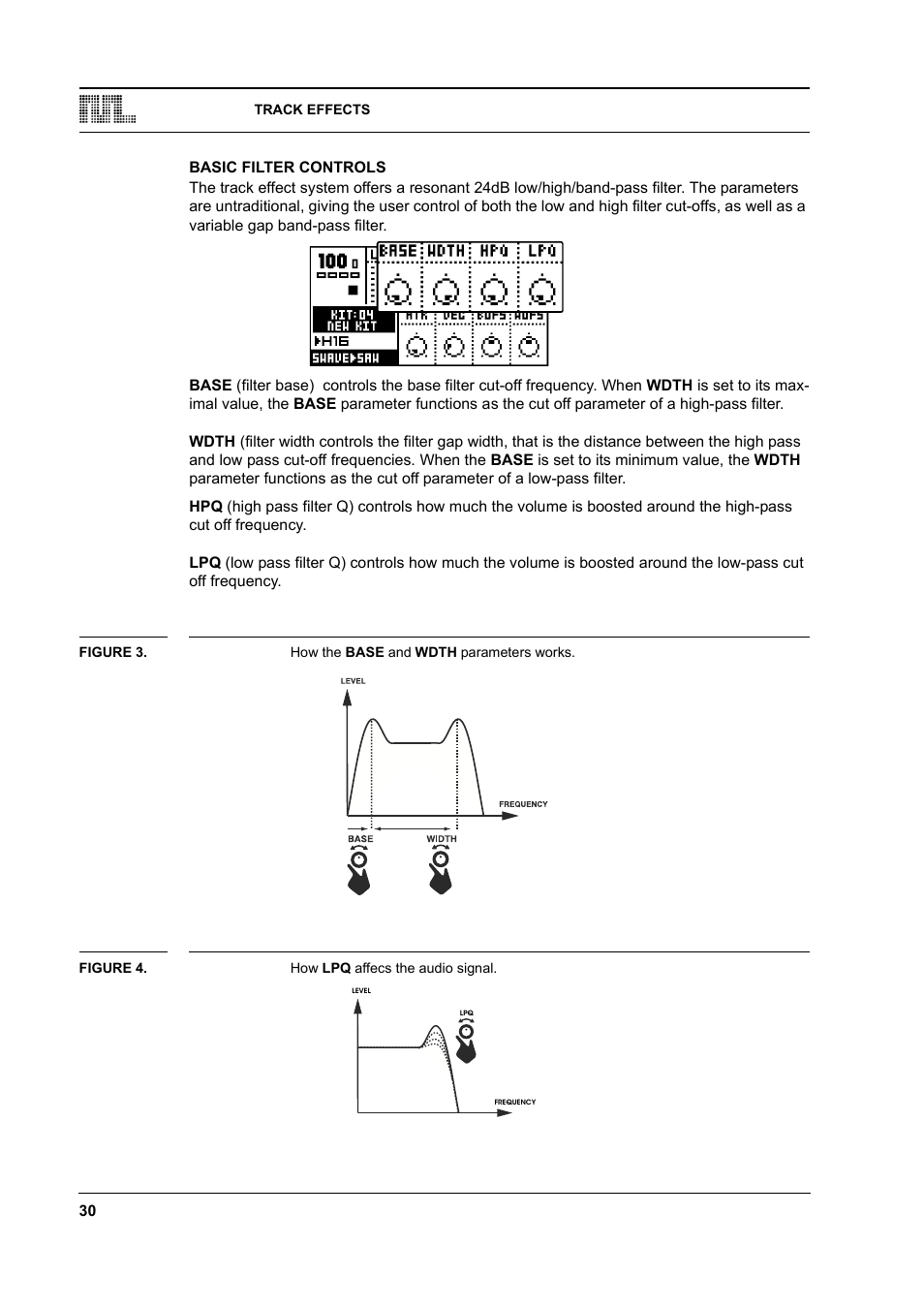 Basic filter controls, Figure 3. how the base and wdth parameters works, Figure 4. how lpq affecs the audio signal | Basic filter controls -30 | Elektron Monomachine User Manual | Page 38 / 158