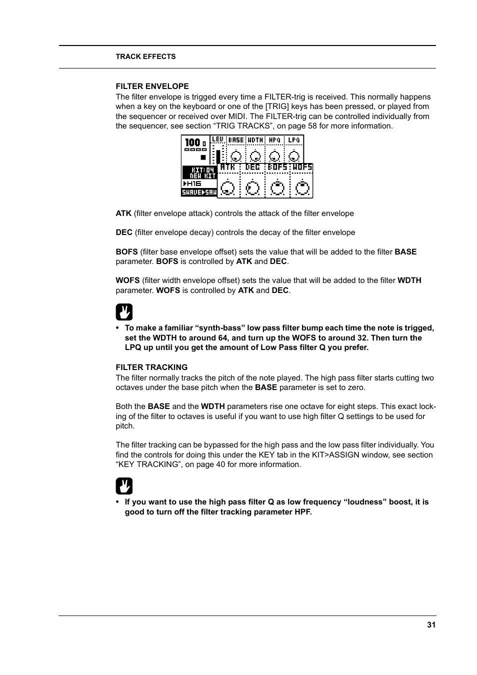 Filter envelope, Filter tracking, Filter envelope -31 filter tracking -31 | Elektron Monomachine User Manual | Page 39 / 158
