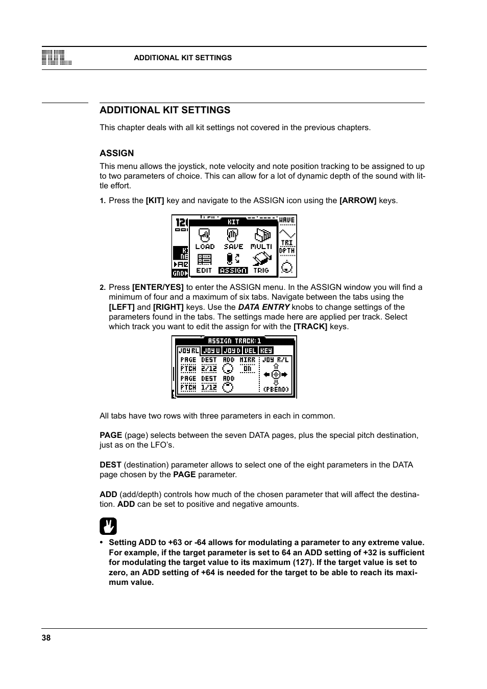 Additional kit settings, Assign, Additional kit settings -38 | Assign -38 | Elektron Monomachine User Manual | Page 46 / 158