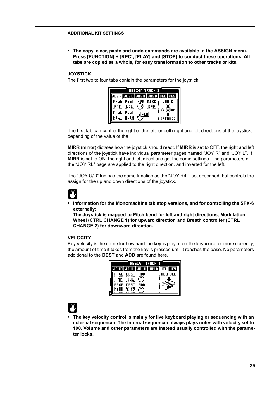 Joystick, Velocity, Joystick -39 velocity -39 | Elektron Monomachine User Manual | Page 47 / 158
