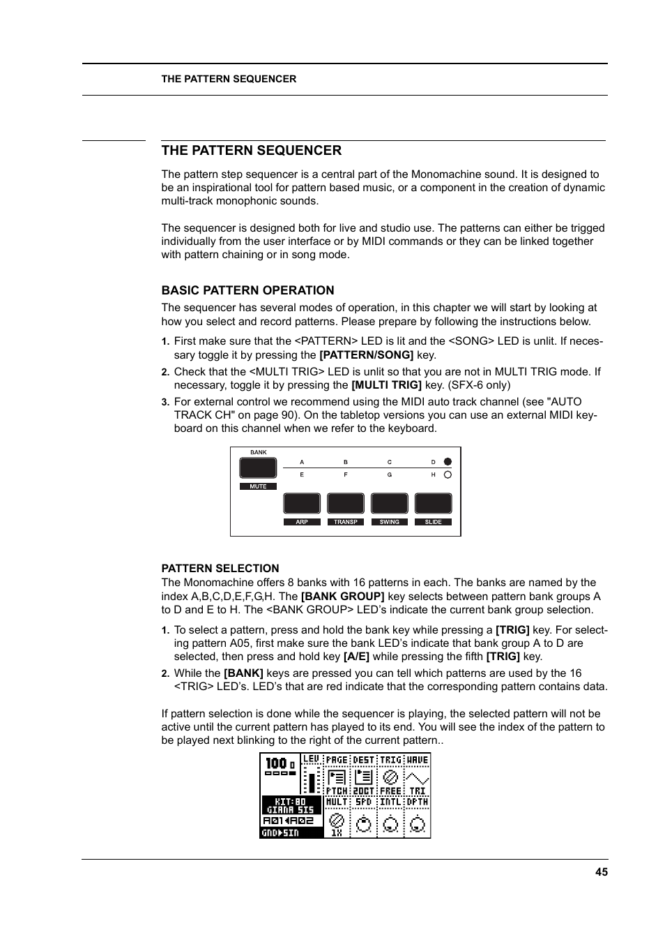 The pattern sequencer, Basic pattern operation, Pattern selection | The pattern sequencer -45, Basic pattern operation -45, Pattern selection -45 | Elektron Monomachine User Manual | Page 53 / 158