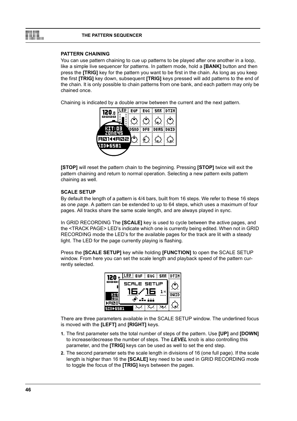 Pattern chaining, Scale setup, Pattern chaining -46 scale setup -46 | Elektron Monomachine User Manual | Page 54 / 158