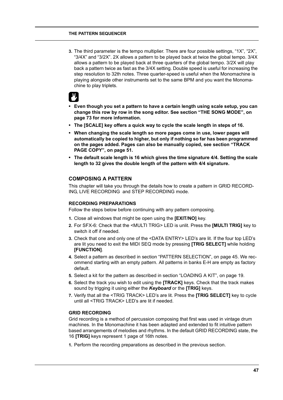 Composing a pattern, Recording preparations, Grid recording | Composing a pattern -47, Recording preparations -47 grid recording -47 | Elektron Monomachine User Manual | Page 55 / 158