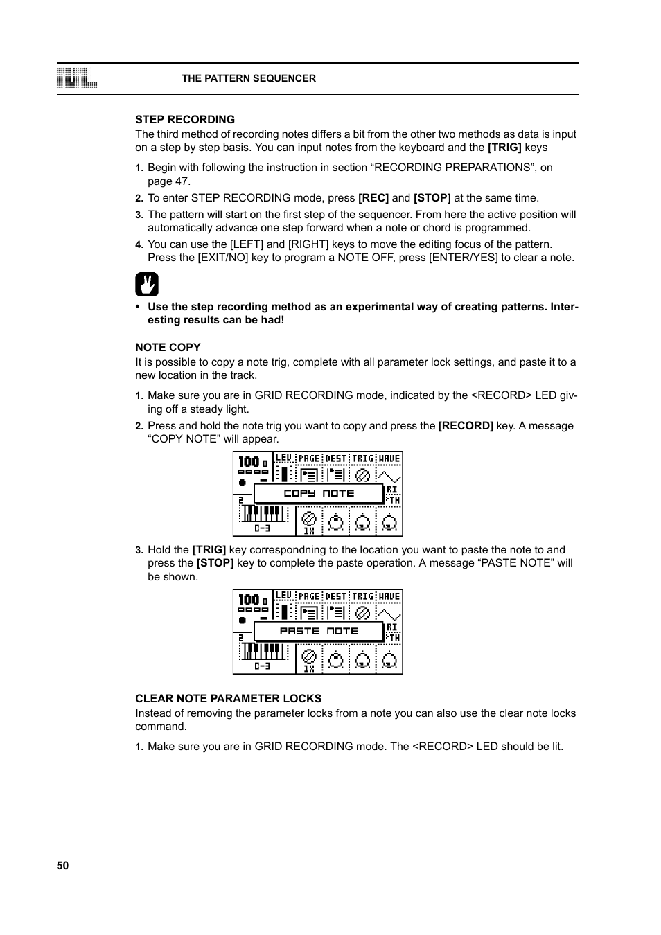 Step recording, Note copy, Clear note parameter locks | Elektron Monomachine User Manual | Page 58 / 158