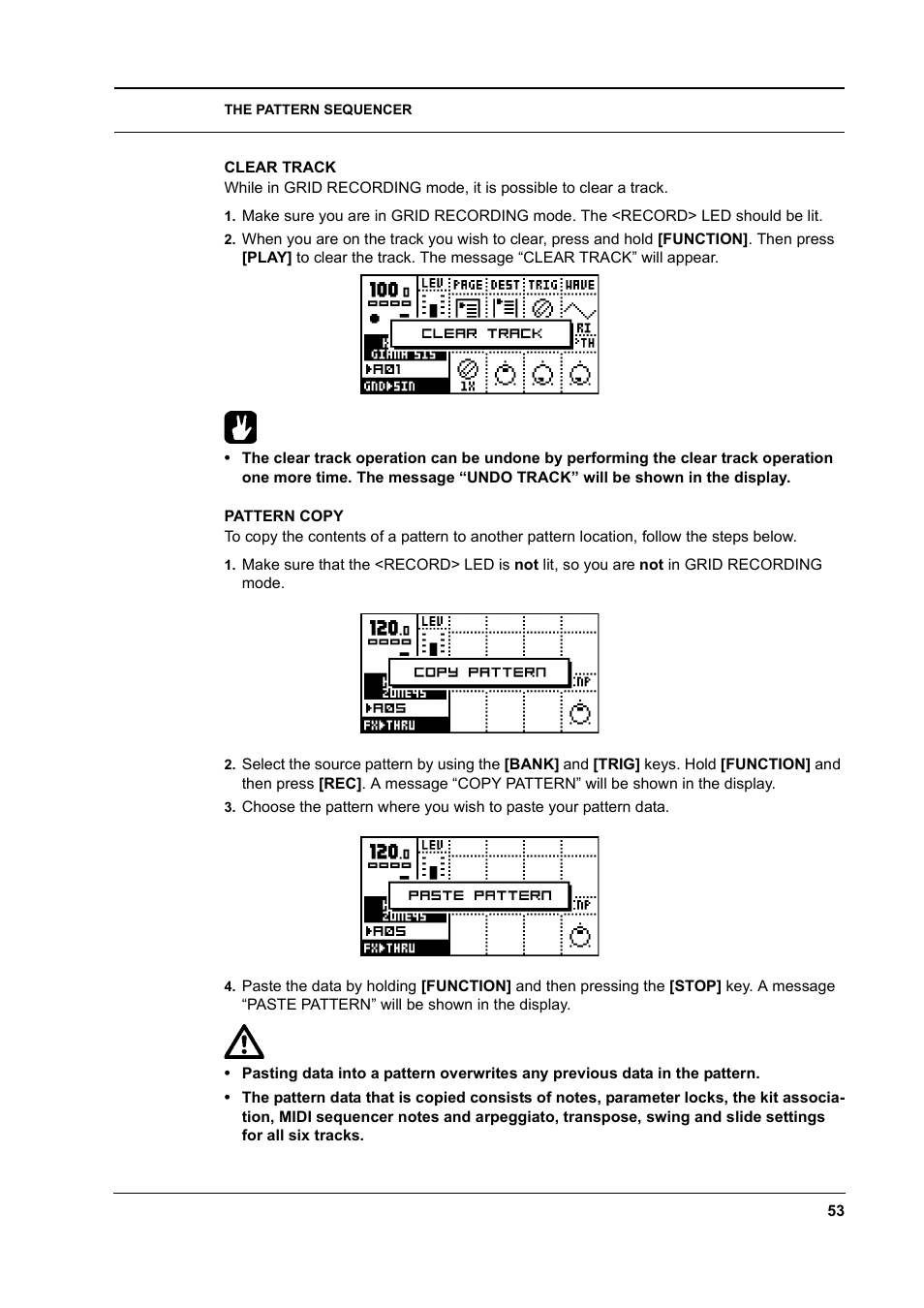 Clear track, Pattern copy, Clear track -53 pattern copy -53 | Elektron Monomachine User Manual | Page 61 / 158