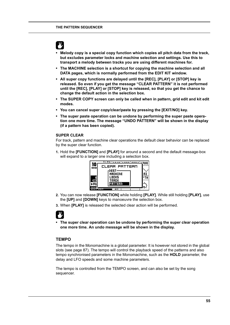 Super clear, Tempo, Super clear -55 | Tempo -55 | Elektron Monomachine User Manual | Page 63 / 158