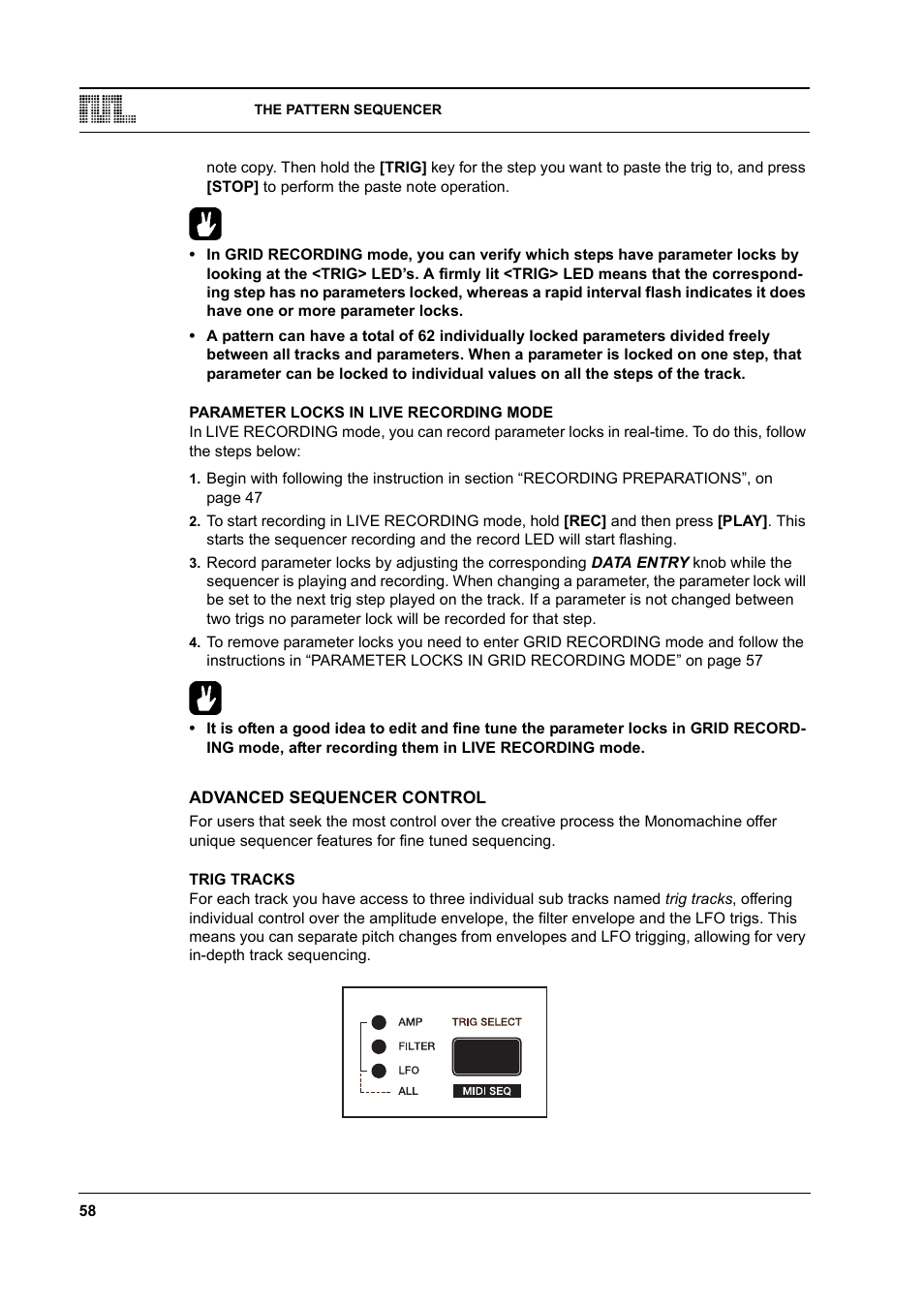 Parameter locks in live recording mode, Advanced sequencer control, Trig tracks | Parameter locks in live recording mode -58, Advanced sequencer control -58, Trig tracks -58 | Elektron Monomachine User Manual | Page 66 / 158