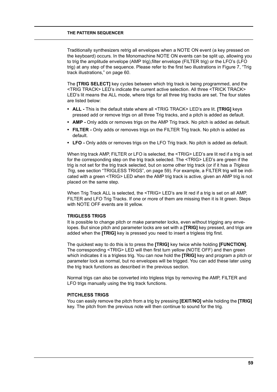 Trigless trigs, Pitchless trigs, Trigless trigs -59 pitchless trigs -59 | Elektron Monomachine User Manual | Page 67 / 158