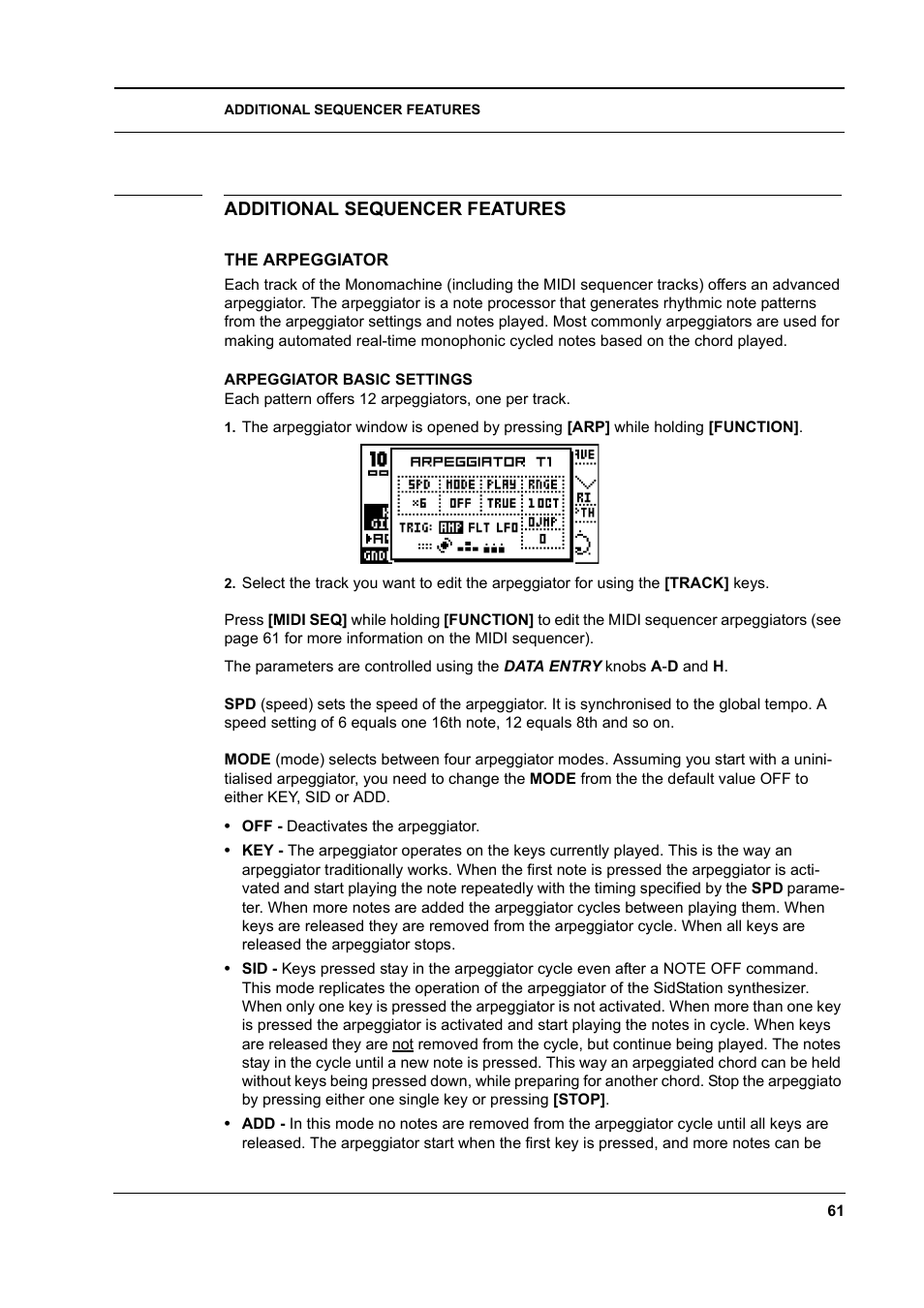 Additional sequencer features, The arpeggiator, Arpeggiator basic settings | Additional sequencer features -61, The arpeggiator -61, Arpeggiator basic settings -61 | Elektron Monomachine User Manual | Page 69 / 158