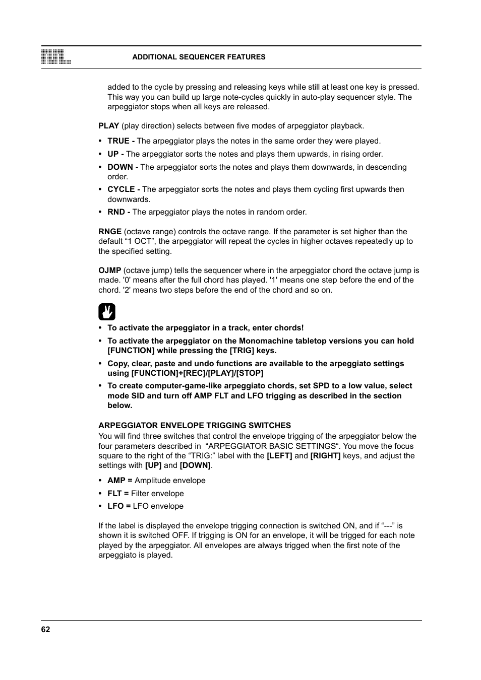 Arpeggiator envelope trigging switches, Arpeggiator envelope trigging switches -62 | Elektron Monomachine User Manual | Page 70 / 158