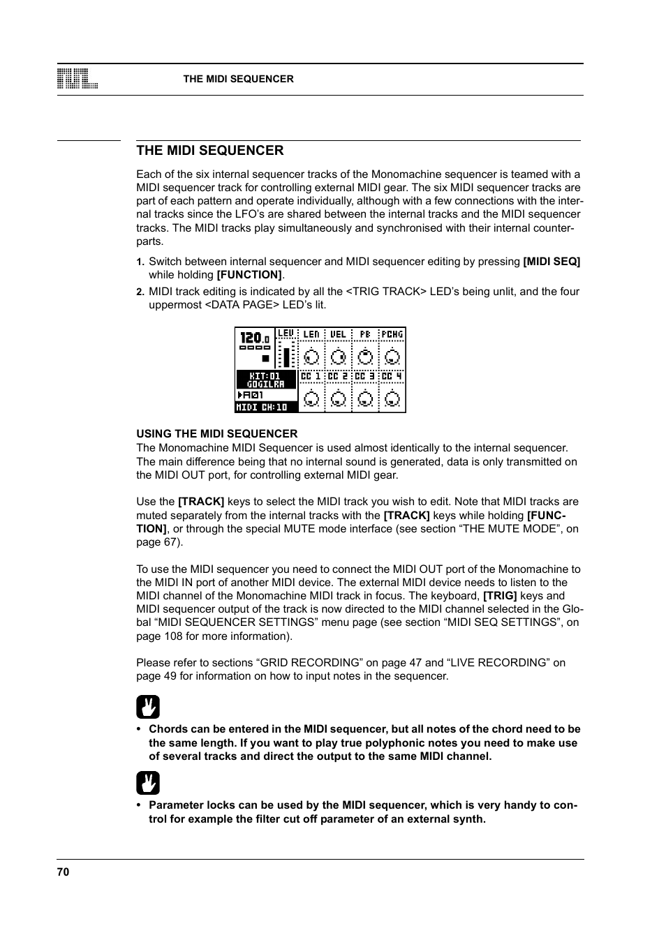 The midi sequencer, Using the midi sequencer, The midi sequencer -70 | Using the midi sequencer -70 | Elektron Monomachine User Manual | Page 78 / 158