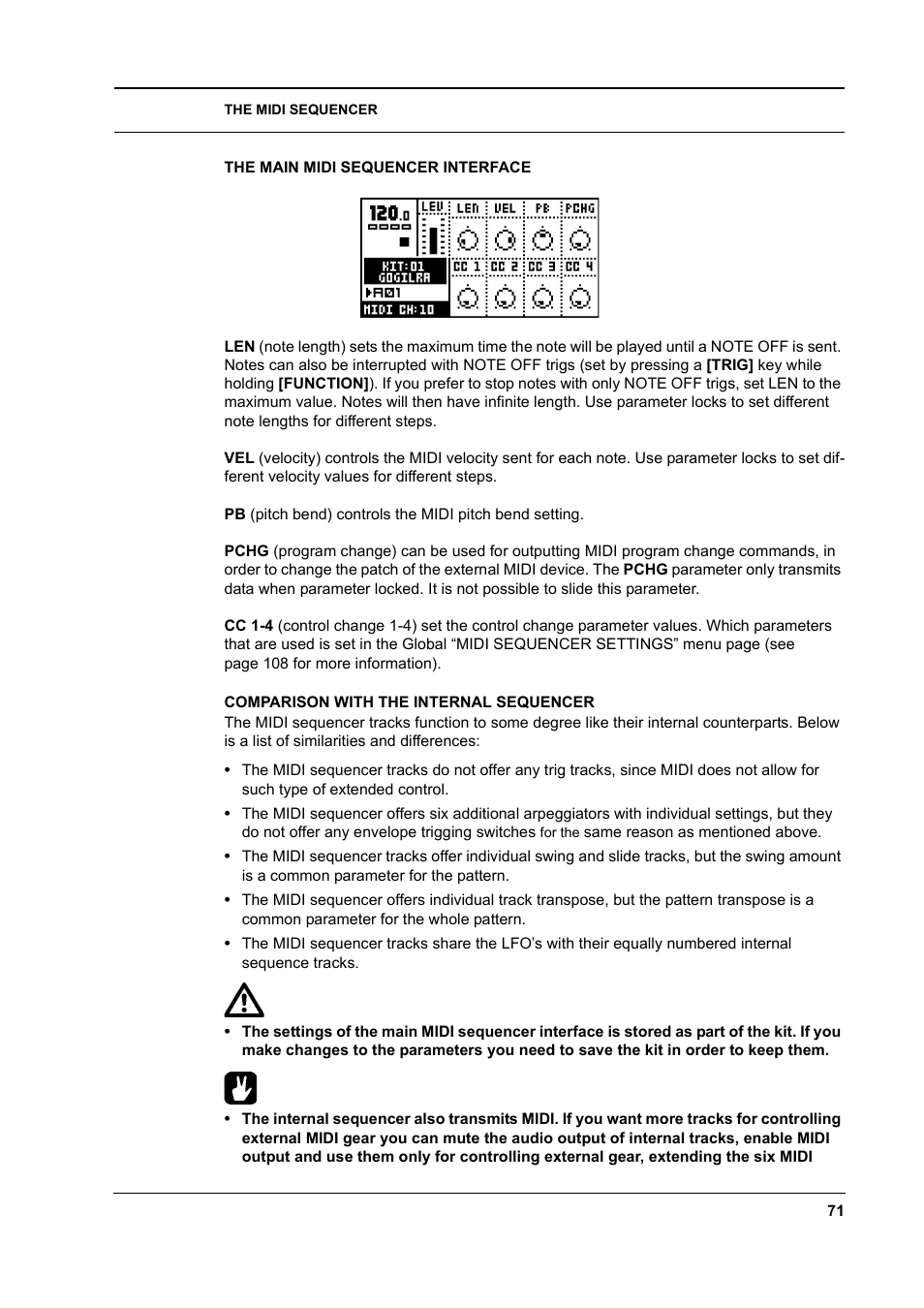 The main midi sequencer interface, Comparison with the internal sequencer | Elektron Monomachine User Manual | Page 79 / 158